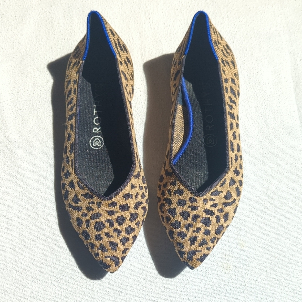 Rothy's Tan and Black Flats with Leopard Print